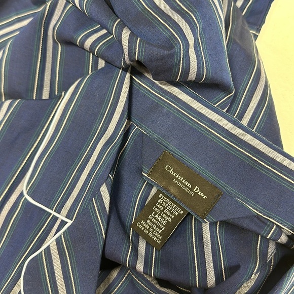 Christian Dior Pajamas 2 Piece Set Collared Shirt Pants Blue Striped Men's Large - Picture 7 of 11
